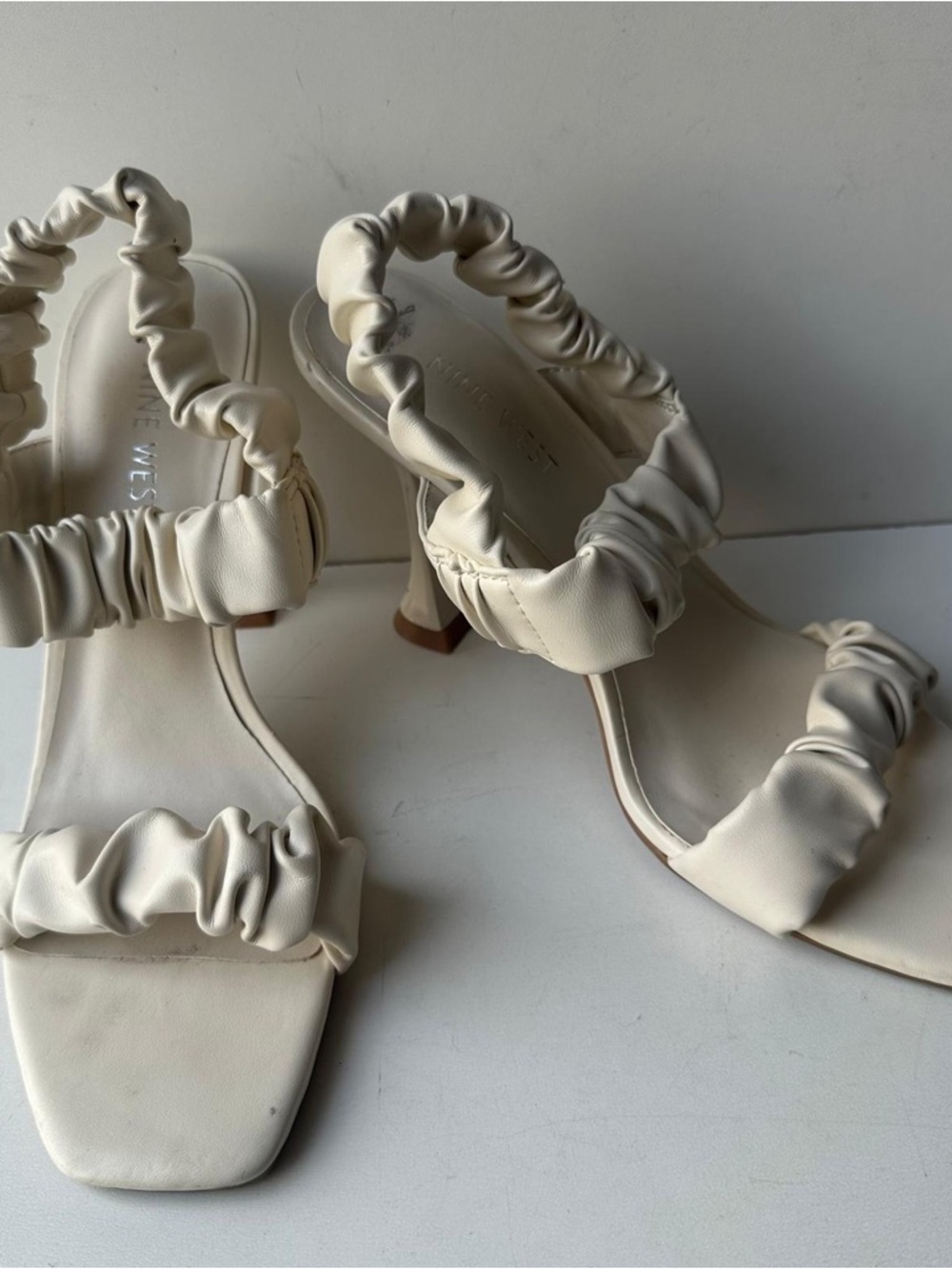 Nine West Cream Ruched Strap Heeled Sandals Size 8M Square Toe